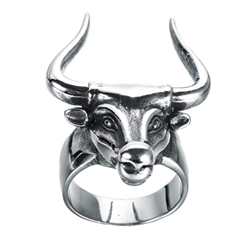 OAKKY Herren Retro Silber Herrschsüchtig Glücklich Matador Stier Kopf Ring Edelstahl Tier Charme Halloween Gothic Biker Schmal Größe 70 (22.3) von OAKKY