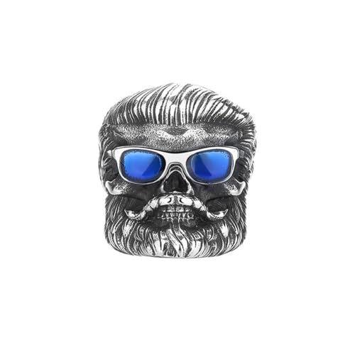 OAKKY Herren Vintage Cool Herren Totenkopf Biker Ring Edelstahl mit Sonnenbrille und Bart Gothic Punk Skelett Band Blau Größe 54 (17.2) von OAKKY