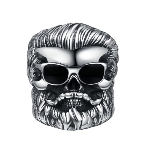 OAKKY Herren Vintage Cool Herren Totenkopf Biker Ring Edelstahl mit Sonnenbrille und Bart Gothic Punk Skelett Band Schwarz Größe 68 (21.6) von OAKKY