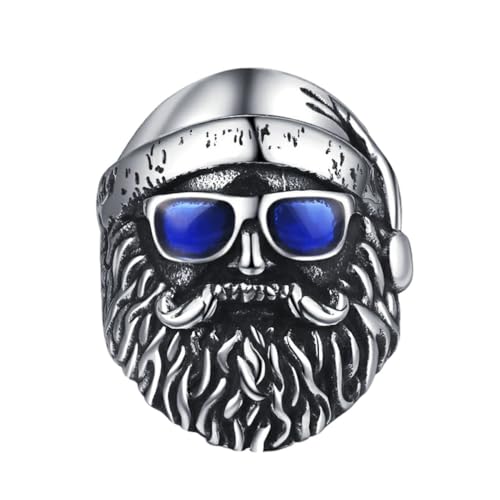 OAKKY Herren Vintage Dominant Cool Dichter Bart Alte Männer Totenkopf Biker Ring Edelstahl mit Sonnenbrille und Kopftuch Blau Größe 62 (19.7) von OAKKY