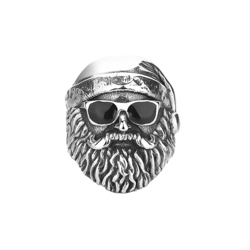 OAKKY Herren Vintage Dominant Cool Dichter Bart Alte Männer Totenkopf Biker Ring Edelstahl mit Sonnenbrille und Kopftuch Schwarz Größe 68 (21.6) von OAKKY