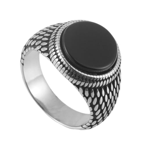 OAKKY Herren Vintage Einfacher Schwarz Synthetischer Edelstein mit Gepunktetem Muster Ring Edelstahl Gothic Punk Hip Hop Stil Silver Größe 62 (19.7) von OAKKY