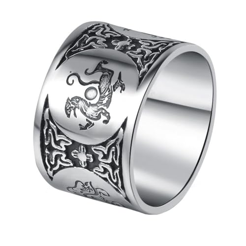 OAKKY Herren Vintage Einzigartig 14MM Breite Rohrschnitt Chunky Ancient 4 Guardian Beasts Signet Biker Ring Edelstahl Größe 65 (20.7) von OAKKY