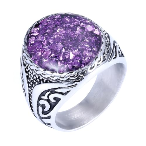 OAKKY Herren Vintage Hip Hop Oval Spezial Blume Geschnitzt Edelstein Biker Ring Edelstahl Europäischer und Amerikanischer Stil Lila Größe 57 (18.1) von OAKKY