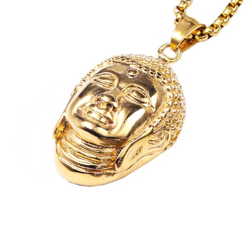 OAKKY Herren Vintage Hip Hop Punk Solid 3D Meditieren Buddha Kopf Anhänger Religiöse Amulette Schutzpatron Halskette Edelstahl Gold Ohne Kette von OAKKY