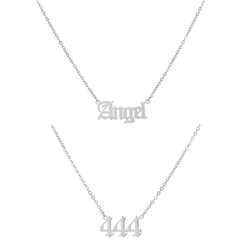 OAKKY Hip Hop Dainty Elegant 2er Set Engel Zahl Anhänger Halskette Edelstahl für Damen Halsband Kette Numerologie Schmuck Silber 444 von OAKKY