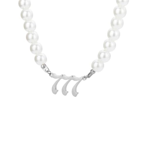 OAKKY Hip Hop Zierlich Imitation Weiß Perle Perlen Engel Zahl Anhänger Halskette für Damen Edelstahl Halsband Kette Numerologie Schmuck Silber 777 von OAKKY