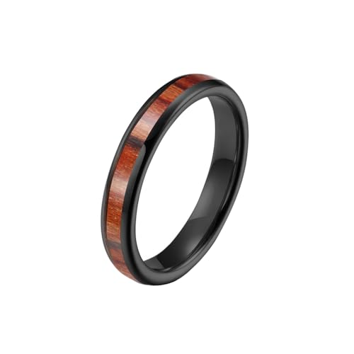OAKKY Männer Persönlichkeit Trendy 4MM Hawaiianischer Koa-Braun Holzmaserung Einlage Kuppel Tungstenkarbid Ring Komfortable Passform Ehering Schwarz Größe 62 (19.7) von OAKKY