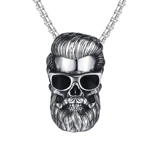 OAKKY Männer Vintage Cool Herren Totenkopf Biker Anhänger Halskette Edelstahl mit Sonnenbrille und Bart Skelett Gothic Punk Stil Schwarz von OAKKY
