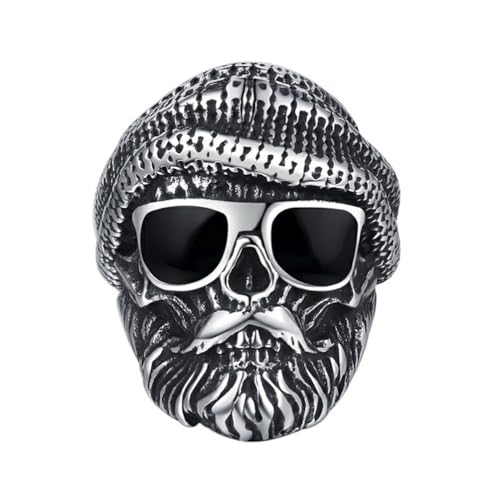 OAKKY Männer Vintage Non-Mainstream Hip Hop Cool Bart Alte Herren mit Sonnenbrille und Gestricktem Hut Ring Edelstahl Schwarz Größe 57 (18.1) von OAKKY