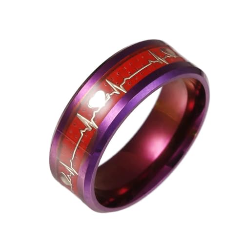 OAKKY Ring Unisex Edelstahl Lila-Gerändert Rot Herzschlag Herz Muster Trendig Einzigartig Retro Punk Stil Paar 8mm Größe 65(20.7) von OAKKY