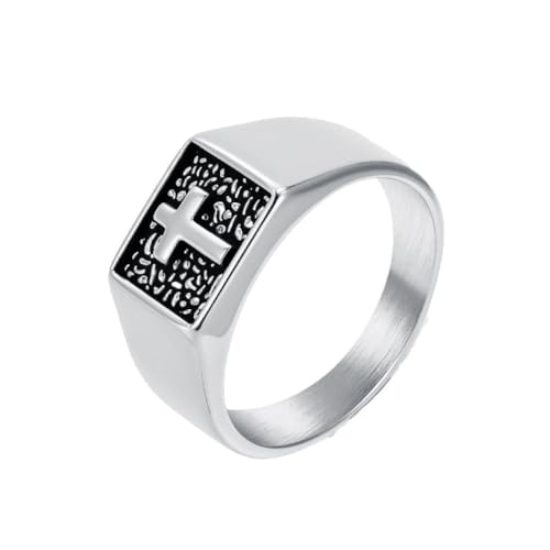 OAKKY Stainless Steel Retro Minimalist Exquisite Cross Design Ring Square Signet Ring Unisex Silber Größe 57(18.1) von OAKKY