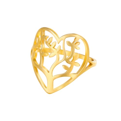 OAKKY Unisex 18mm Klassisch Einfarbig Ausgeschnitten Herzförmig Stammbaum des Lebens Ehepaar Ring Edelstahl Aussage Band Gold Größe 60 (19.1) von OAKKY