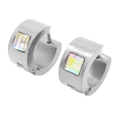 OAKKY Unisex 7MM Chunky Simple Hip Hop Quadratisch Bunt Strass Einlegen Kleiner Huggie Hoop C-Förmiger Paar Ohrring Edelstahl Regenbogen Silber von OAKKY