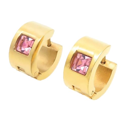OAKKY Unisex 7MM Chunky Simple Hip Hop Quadratisch Bunt Strass Einlegen Kleiner Huggie Hoop C-Förmiger Paar Ohrring Edelstahl Rosa Gold von OAKKY