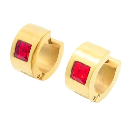 OAKKY Unisex 7MM Chunky Simple Hip Hop Quadratisch Bunt Strass Einlegen Kleiner Huggie Hoop C-Förmiger Paar Ohrring Edelstahl Rot Gold von OAKKY