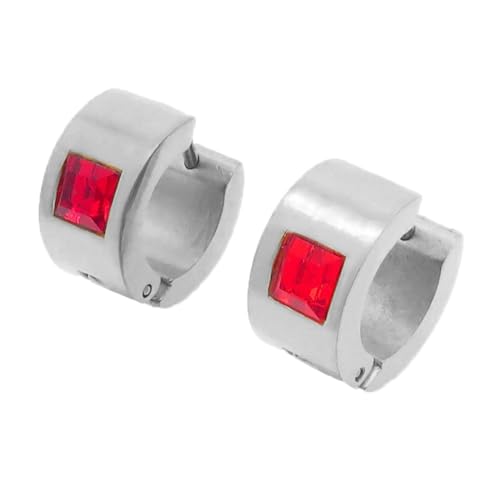 OAKKY Unisex 7MM Chunky Simple Hip Hop Quadratisch Bunt Strass Einlegen Kleiner Huggie Hoop C-Förmiger Paar Ohrring Edelstahl Rot Silber von OAKKY