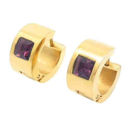 OAKKY Unisex 7MM Chunky Simple Hip Hop Quadratisch Bunt Strass Einlegen Kleiner Huggie Hoop C-Förmiger Paar Ohrring Edelstahl Violett Gold von OAKKY