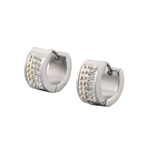 OAKKY Unisex 7MM Kreativ Cool Bunt Voll Kristall Gefüttert Kleiner Huggie Hoop Rund Geformter Paar Ohrring Edelstahl Ohrstecker Haken Clip Weiß Silber von OAKKY