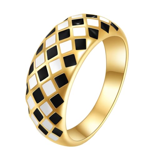 OAKKY Unisex 8mm Einzigartige Kreative Klobige Raute Schwarz und Weiß Schachbrettmuster Paar Ring Edelstahl Ehering Größe 54 (17.2) von OAKKY
