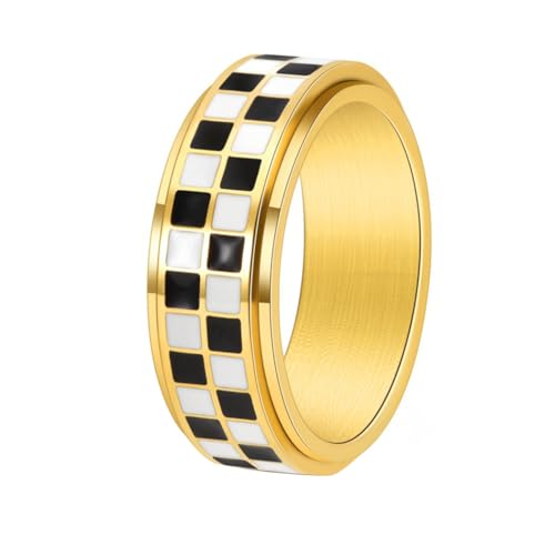 OAKKY Unisex Anspruchsvoll Schachbrett Persönlichkeit Vintage Punk Stil Drehbar Casual Ring Edelstahl Golden Größe 65(20.7) von OAKKY