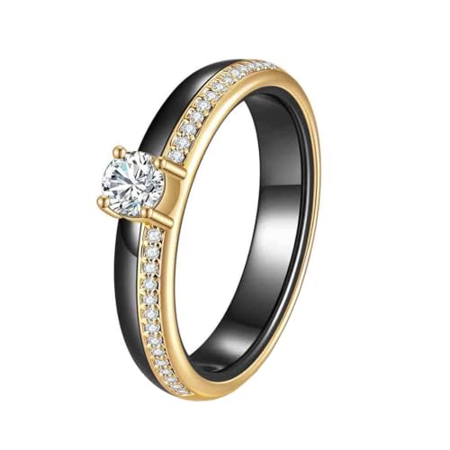 OAKKY Unisex Classic Neuheit 4MM Einreihiges Mikro-Pavé Strass 4 Drachenklaue Solitär Kristall Ring Keramik Ehering Schwarz Gold Größe 52 (16.6) von OAKKY