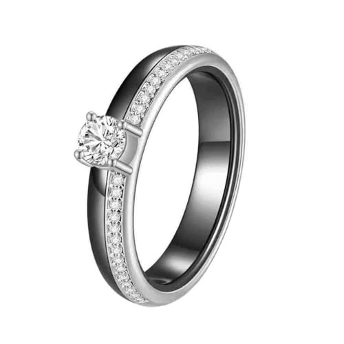 OAKKY Unisex Classic Neuheit 4MM Einreihiges Mikro-Pavé Strass 4 Drachenklaue Solitär Kristall Ring Keramik Ehering Schwarz Silber Größe 54 (17.2) von OAKKY