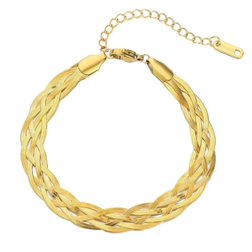 OAKKY Unisex Edelstahl 2.5MM Hip Hop Kreativ Klassisch 5-Lagige Geflochtene Flache Schlangenkette Halskette Gothic Punk Stil Gold 7.09" von OAKKY