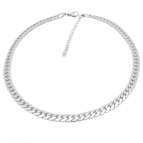 OAKKY Unisex Edelstahl 4MM Klassisch Rock Hip Hop Schmuck Massiver Plian Chunky Flache Gliederkette Halskette Handgemachte Komfortable Passform Silber 7.87" von OAKKY