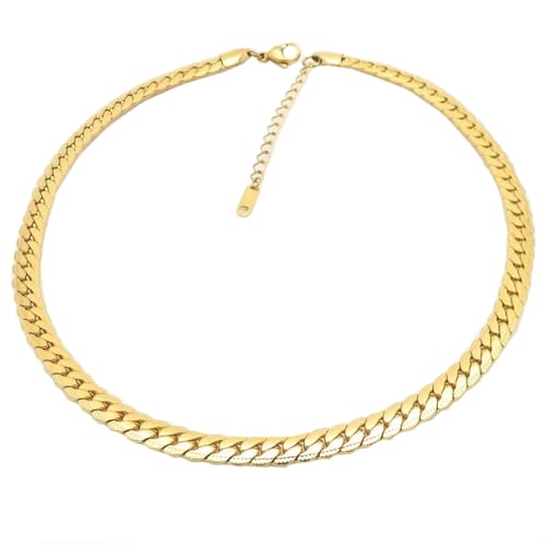 OAKKY Unisex Edelstahl 5.5MM Klassisch Rock Hip Hop Schmuck Massiver Plian Chunky Flache Gliederkette Halskette Handgefertigt Komfortable Passform Gold 7.87" von OAKKY