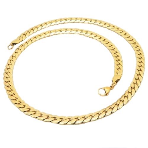 OAKKY Unisex Edelstahl 7MM Klassisch Rock Hip Hop Schmuck Massiver Plian Chunky Flache Gliederkette Halskette Handgefertigt Komfortable Passform Gold 25.6" von OAKKY