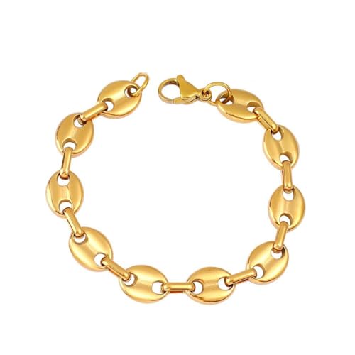 OAKKY Unisex Edelstahl Hip Hop Kaffeebohne Oval Knopf Kette Halskette Charm Schweinsnase Armbänder Biker Schmuck 9MM Gold 21CM von OAKKY