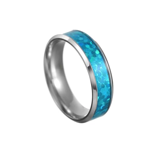 OAKKY Unisex Einfach Elegant 6MM Dünne Blaue Imitation Opal Stapelung Passender Ehering Edelstahl Abgeschrägte Kanten Silber Größe 54 (17.2) von OAKKY