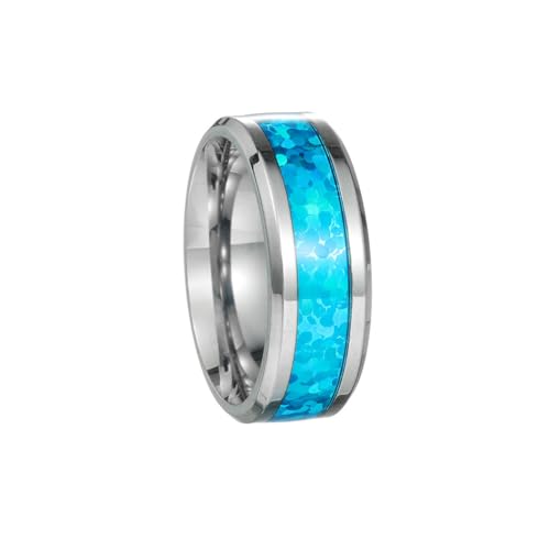 OAKKY Unisex Einfach Elegant 8MM Dünne Blaue Imitation Opal Stapelung Passender Ehering Edelstahl Abgeschrägte Kanten Silber Größe 54 (17.2) von OAKKY