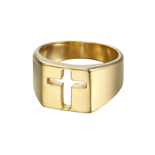 OAKKY Unisex Einfach Klassisch Einfarbig Glänzend Hohles Kreuz Kruzifix Muster Biker Ring Edelstahl Komfort Fit Hochzeitsband Gold Größe 54 (17.2) von OAKKY