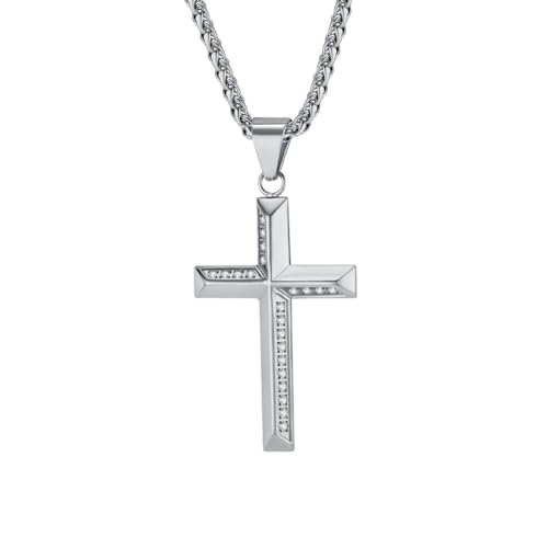 OAKKY Unisex Einfach Klassisch Kristall Mikro-Pave Zirkon Inlay Kreuz Anhänger Paar Amulett Kruzifix Halskette Edelstahl Silber mit Kette von OAKKY