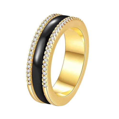 OAKKY Unisex Einfach Trendy Elegant 6MM Mikro-Pavé Strass Drehbar Fidget Paar Ring Keramik Komfort Fit Ehering Schwarz Gold Größe 57 (18.1) von OAKKY