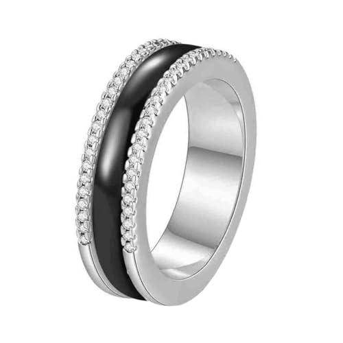 OAKKY Unisex Einfach Trendy Elegant 6MM Mikro-Pavé Strass Drehbar Fidget Paar Ring Keramik Komfort Fit Ehering Schwarz Silber Größe 60 (19.1) von OAKKY