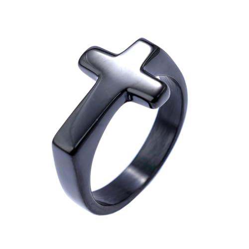 OAKKY Unisex Einfache Klassische Dünne Stapelbare Schlichte Glänzende Christliche Gebet Seitwärts Kreuz Biker Amulett Kreuzring aus Edelstahl Schwarz Größe 65 (20.7) von OAKKY