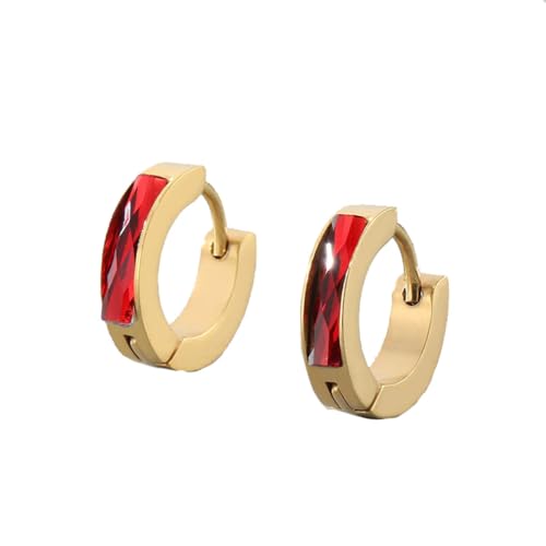 OAKKY Unisex Einzigartige Einfache Hip Hop Dünne Cool Bunte Kristall Kleine Huggie Hoop C-Förmige Paar-Ohringe aus Edelstahl Ohrstecker Haken Clip Rot Gold von OAKKY