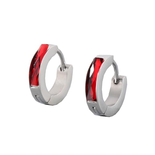 OAKKY Unisex Einzigartige Einfache Hip Hop Dünne Cool Bunte Kristall Kleine Huggie Hoop C-Förmige Paar-Ohringe aus Edelstahl Ohrstecker Haken Clip Rot Silber von OAKKY