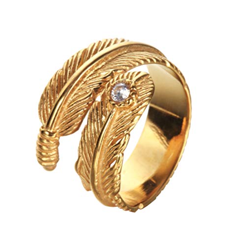 OAKKY Unisex Herren Damen 316l Edelstahl Ring Retro Feder Wickeln Gold mit Weiß Edelstein Größe 54 (17.2) von OAKKY