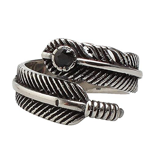 OAKKY Unisex Herren Damen 316l Edelstahl Ring Retro Feder Wickeln Schwarz Silber mit Schwarz Edelstein Größe 60 (19.1) von OAKKY