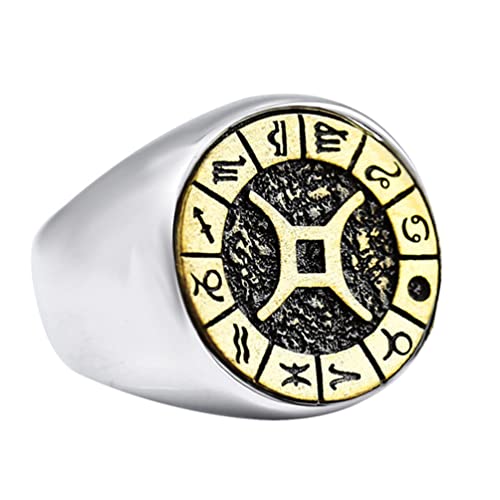 OAKKY Unisex Hip Hop 12 Konstellation Sternzeichen Biker Ring Edelstahl Horoskop Astrologie Schmuck Geschenk Zwillinge Silber Gold Größe 70 (22.3) von OAKKY