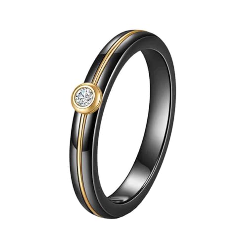 OAKKY Unisex Klassisch Elegant 4MM Schwarz Keramik Intarsien mit Solitär Zirkonia Kristall Ring Edelstahl Versprechen Ehering Gold Größe 57 (18.1) von OAKKY
