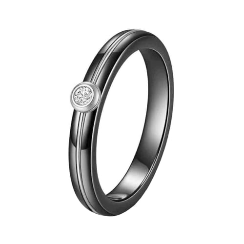 OAKKY Unisex Klassisch Elegant 4MM Schwarz Keramik Intarsien mit Solitär Zirkonia Kristall Ring Edelstahl Versprechen Ehering Silber Größe 54 (17.2) von OAKKY