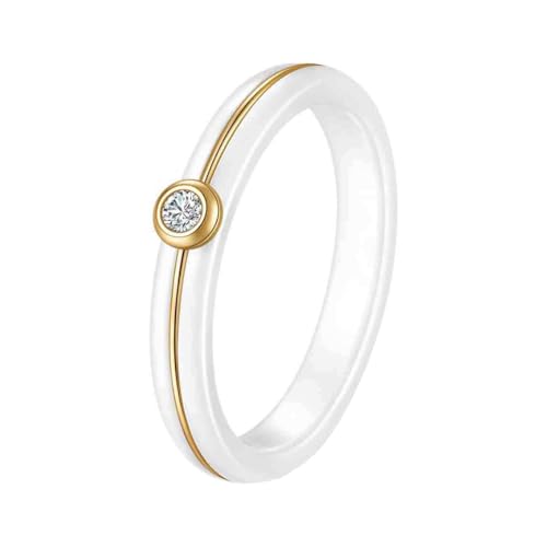 OAKKY Unisex Klassisch Elegant 4MM Weiß Keramik Intarsien mit Solitär Zirkonia Kristall Ring Edelstahl Versprechen Ehering Gold Größe 60 (19.1) von OAKKY