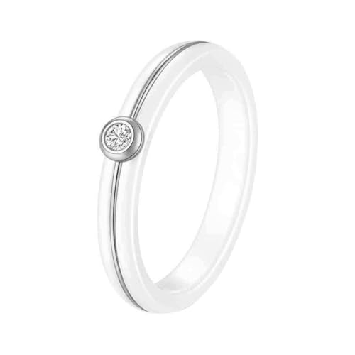 OAKKY Unisex Klassisch Elegant 4MM Weiß Keramik Intarsien mit Solitär Zirkonia Kristall Ring Edelstahl Versprechen Ehering Silber Größe 57 (18.1) von OAKKY