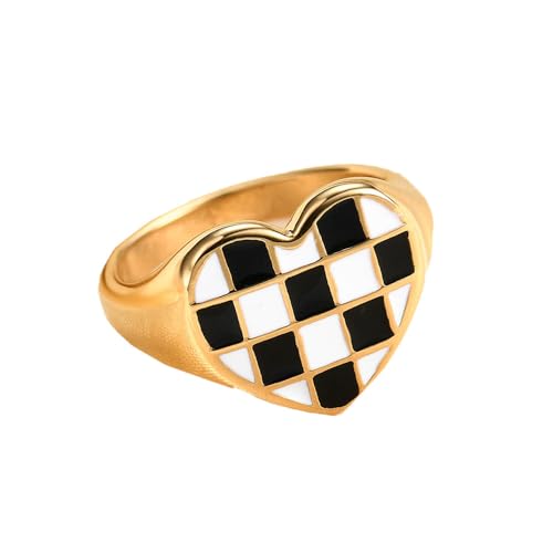 OAKKY Unisex Klassisch Elegant Unregelmäßig Schwarz und Weiß Schachbrettmuster Herz Form Paar Ring Edelstahl Passendes Set Größe 57 (18.1) von OAKKY
