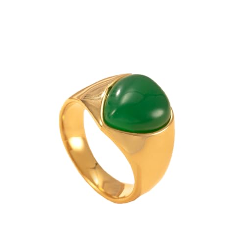 OAKKY Unisex Klassisch Elegante Teardrop Form Naturstein Edelstein Siegelring Edelstahl Komfort Fit Aussage Band Schwarz Grün Größe 54 (17.2) von OAKKY
